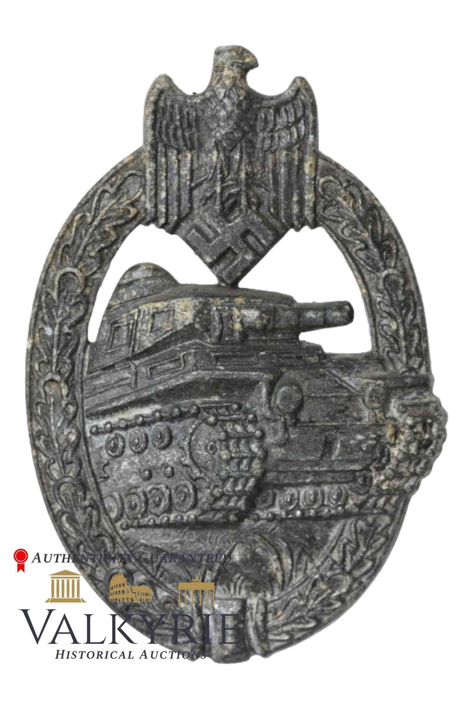 Nazi German Panzer Assault Badge (PAB), Silver. (AS): Panzer Assault Badge (PAB), Silver. (Panzerkampfabzeichen in Silber). Silver plated zinc. Ball hinge and steel pin. Hook made of brass. "AS" mark in triangle. Producer not fully assigned. Most collect