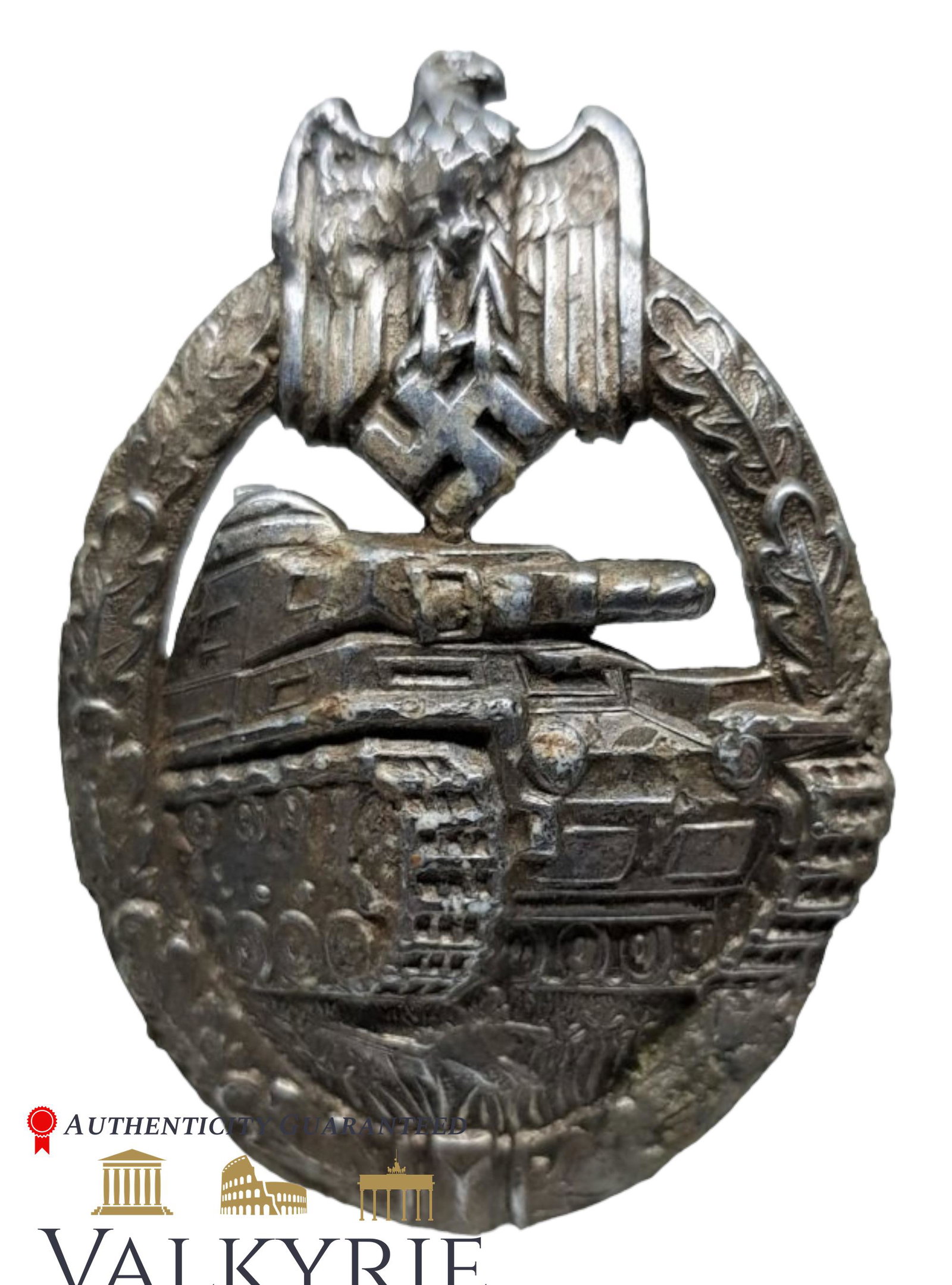 Nazi Battlefield German Panzer Assault Badge in silver - (Panzerkampfabzeichen in Silber): PANZER ASSAULT BADGE IN SILVER (Panzerkampfabzeichen in Silber).The Panzer Assault Badge in silver was instituted by Generaloberst Walther von Brauchitsch on December 20th 1939 for award to all ranks 