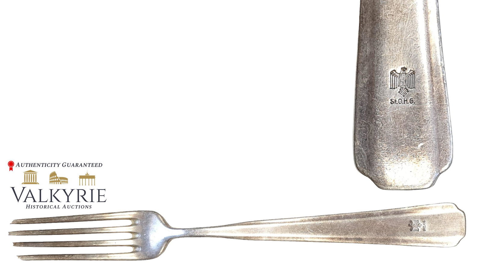 3 Reich - Mess Hall Fork "St.O.H.G."(Gabel) Probably from the Hospital.: Mess Hall Fork "St.O.H.G."(Gabel) nickel/silver plated alloy construction fork.The reverse of the handle is well marked St.O.H.G. and Eagle with swastika.The St. O.H.G. indicates these were produced u