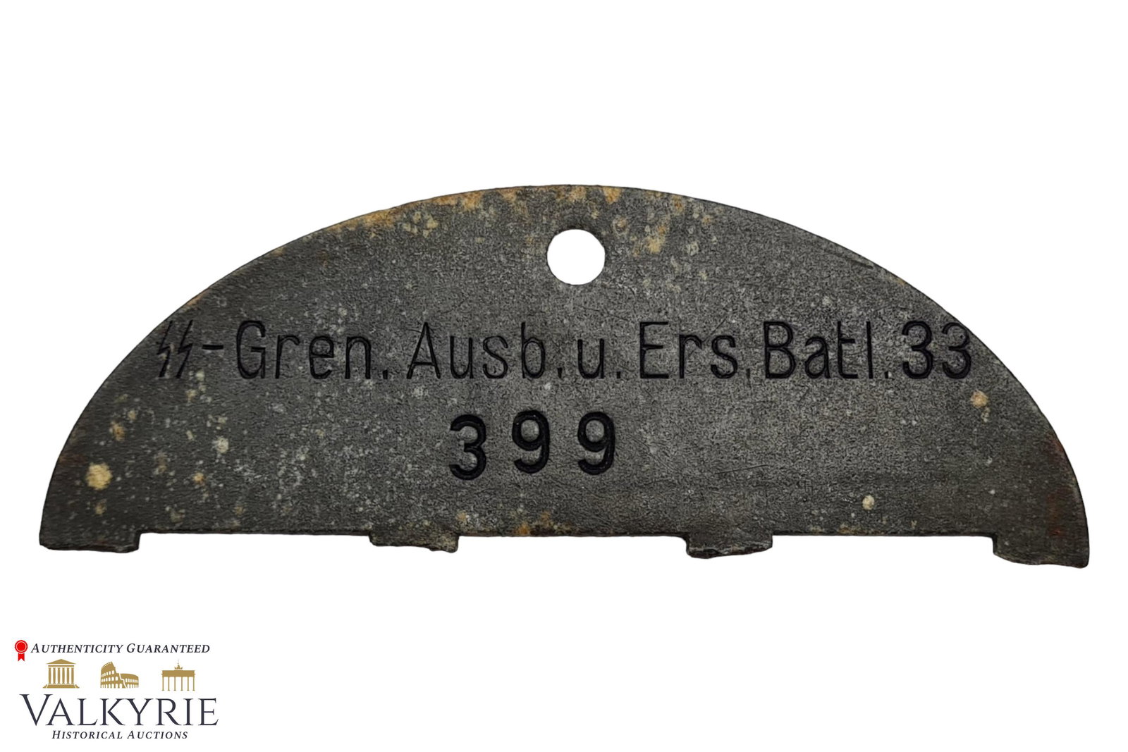 Rare half ID tag of an SS Grenadier Ausbildungs und Ersatz Bataillon fallen Estonian soldier ground: Rare half ID tag of an SS Grenadier Ausbildungs und Ersatz Bataillon fallen soldier ground dug during excavation. This soldier was an Estonian man who fought in this unit that was part of the 3rd Esto