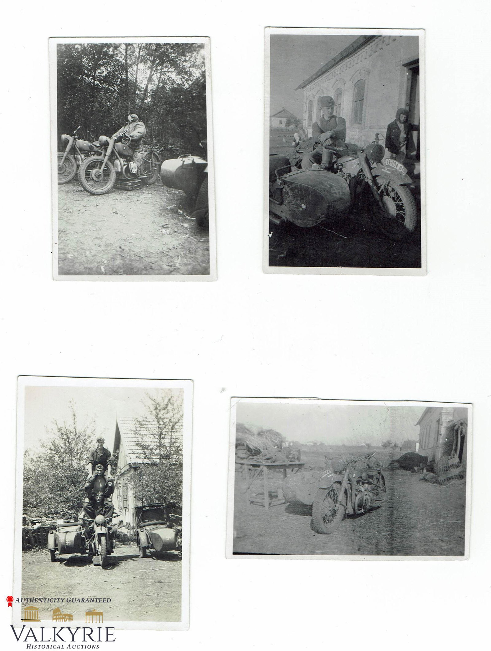 Set of 4 Photos of Waffen SS Division Wiking Motorbikes WW2: Set of 4 nice photos of Waffen SS Wiking Division soldiers with motorbikes and sidecars taken in the front during WW2. Probably in Poland or Russia. One of the photos is described on the revers. **** 