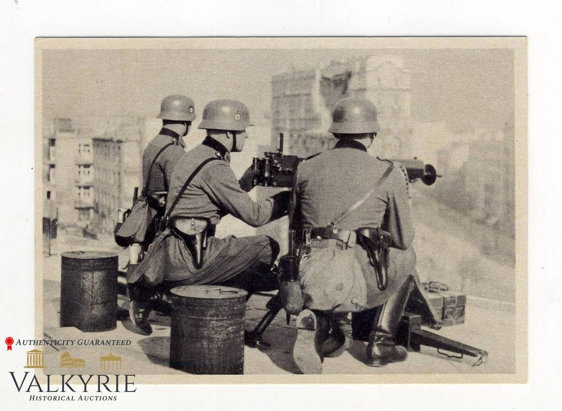 Impressive non-circulated propaganda postcard of the WHW showing Polizei members in Warsaw: Impressive propaganda postcard of the Winter-Hilfswerk showing 3 Polizei members in Warschau, in an Mg post doing surveillance tasks in Warsaw buildings' rooftops after Nazi occupation. Winter-Hilfwer