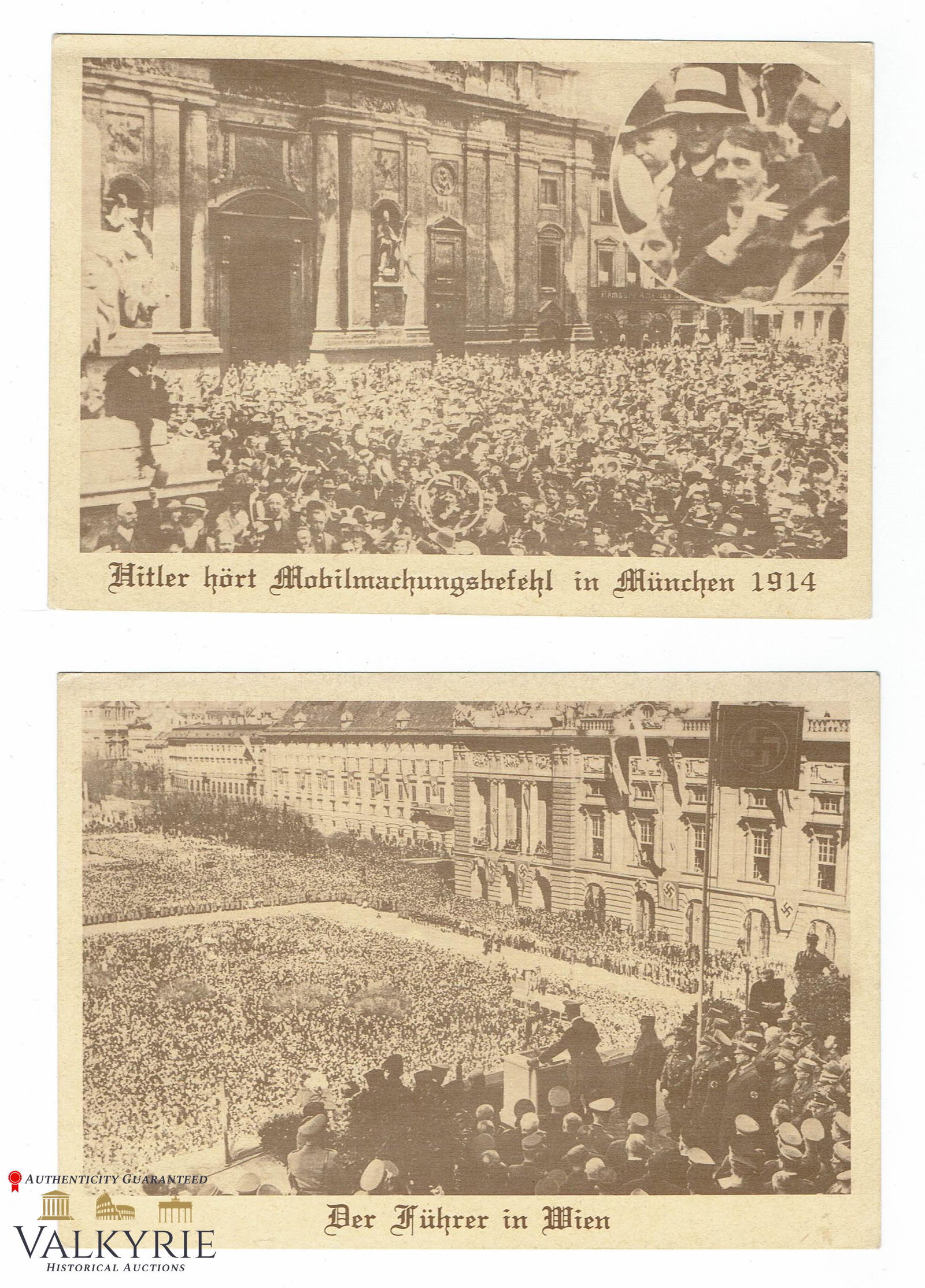 2 Propaganda Postcards of Hitler Vienna & Munich 1914: 2 propaganda postcards, both non-circulated, with photos of the "Mobilmachungsbefehl" (Mobilization order) of 1914 in Munich when WW1 began. In this one we see the famous photo of Adolf Hitler holding