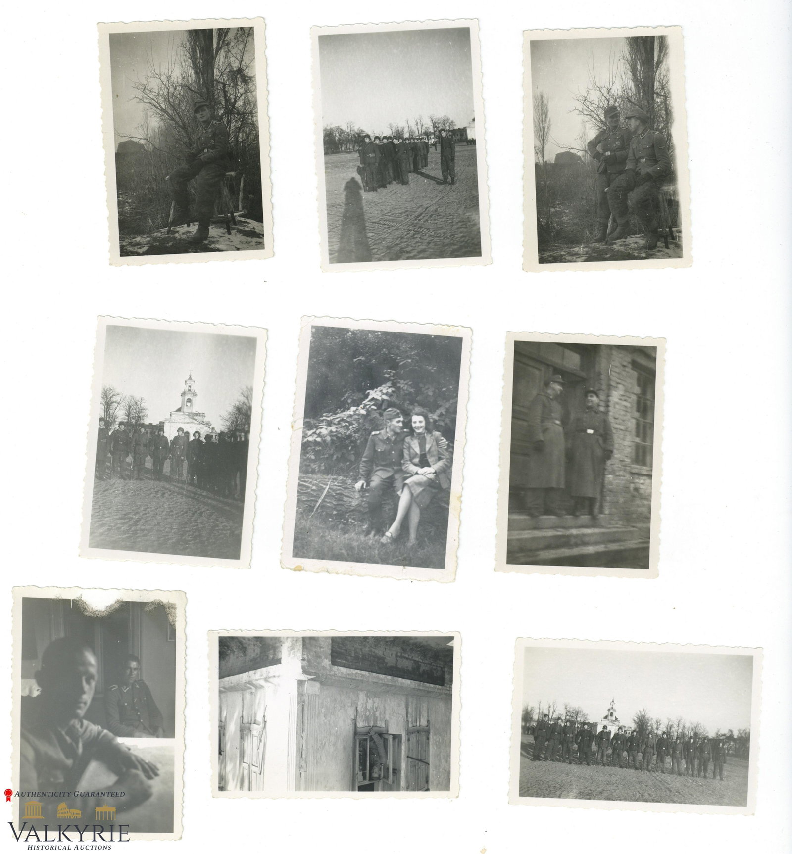 9 photos of the same SS solider in uniform and with comrades in the East: Very nice set of 9 photos of the same SS solider in uniform and with comrades. Some photos show this SS man posing with his wife or girlfriend, others show him posing wearing very nice campaign unifor