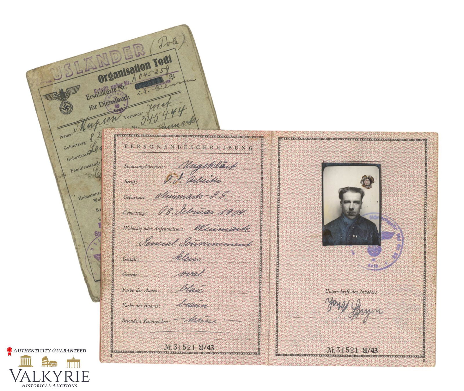 Very Rare 2 Documents Set to a Polish Forced Labourer in the Organisation Todt 1944 (1 of 9)