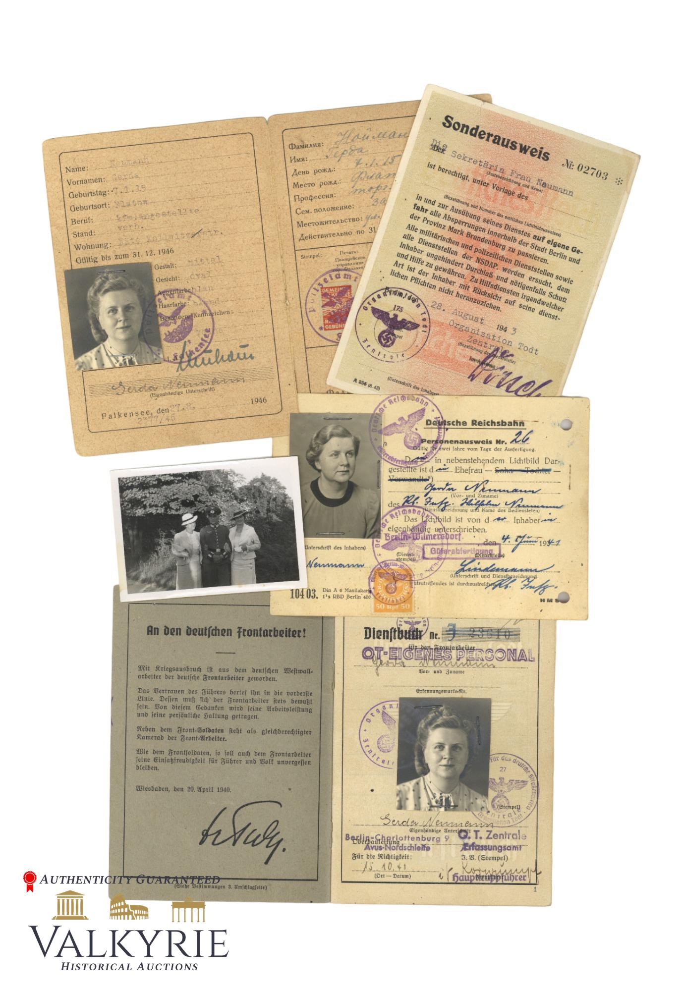 Very Rare Documents Set to a German Womean Who Worked as Organisation Todt Secretary: Very Rare Documents Set to a German Womean Who Worked as Organisation Todt Secretary. Set comprises: his Organisation Todt Service booklet that comes with entries until 1944 and that indicates she wor