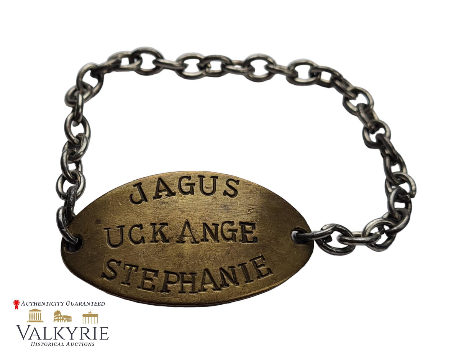 Wrist Bracelet of a French Woman Stamped With Name and French Population As Well as Birth Date 1925: Wrist Bracelet of a French Woman Called Stephanie Jagus Stamped With Name and French Population (Uckange) As Well as Birth Date Stamped on the Reverse 7-6-1925. Complete with chain to wear round the w