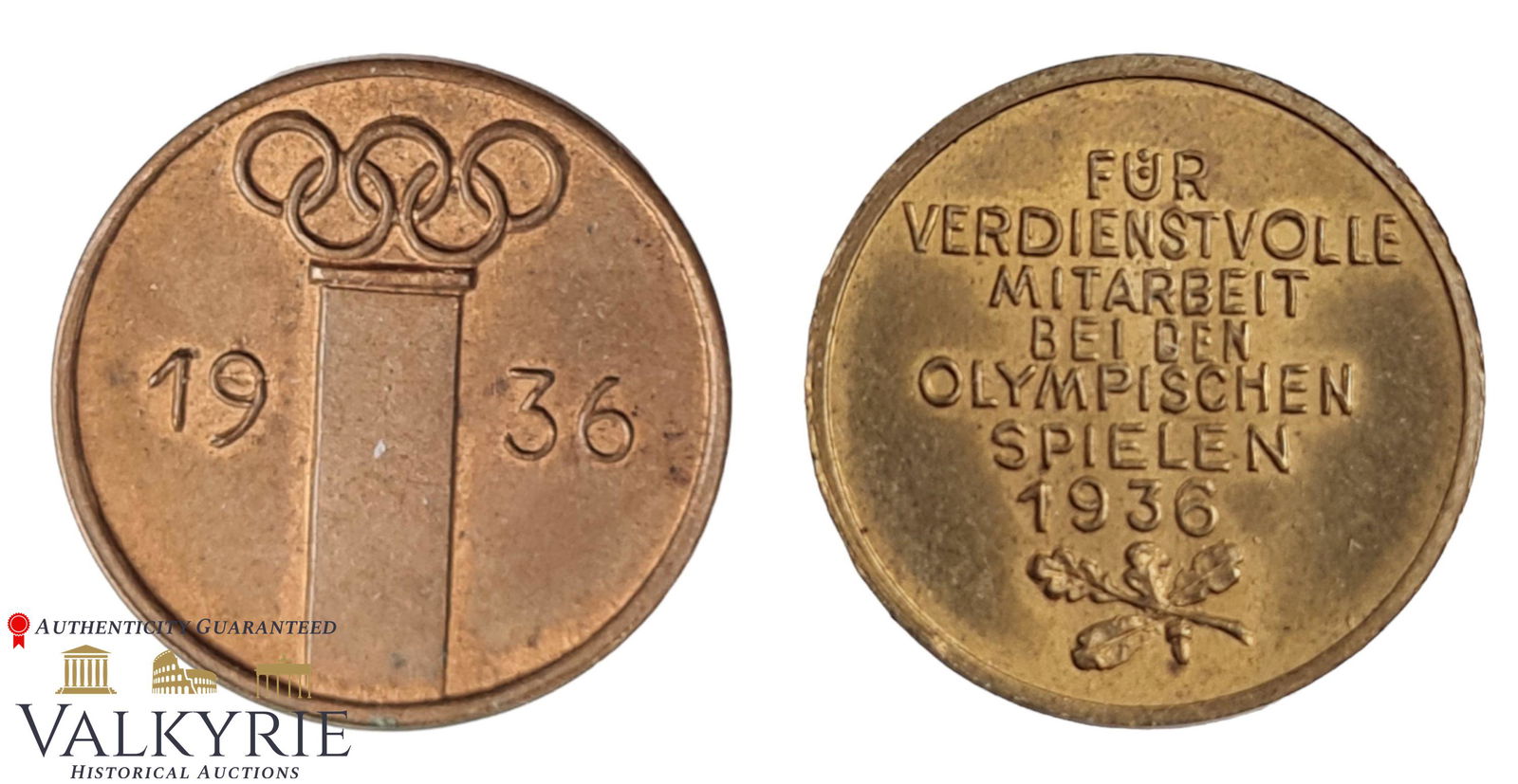 Summer Olympics in 1936 in Berlin - 57er version of the loyal service medal: 57er denazified version of the loyal service medal given during the Summer Olympics in 1936 in Berlin. The original one had the III Reich eagle with the swastika, but to in 1957, there was a law that