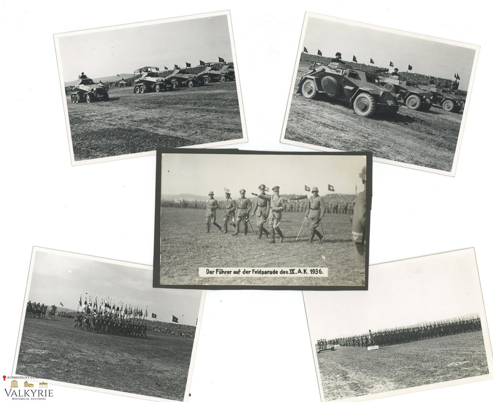 Set of 5 Photos of Adolf Hitler in IX A.K. Feldparade in 1936: Awesome set of 5 photos taken during the visit of the FÃƒ¼hrer Adolf Hitler to a military parade in 1936 of the IX Armored Korps. We can see Hitler greeting the units at his arrival and also 