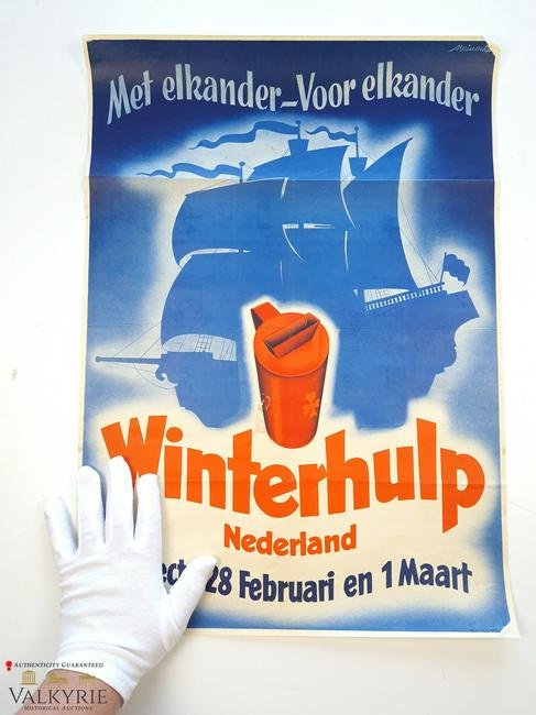 Dutch Nazi Party Propaganda Poster of the Dutch Winter Relief - Huge: Propaganda poster of the Dutch WHW (Winter Relief), called Winterhulp, to help Dutch people with economical difficulties during winter. Foldable poster for money collect from 28 February to 1 March. G