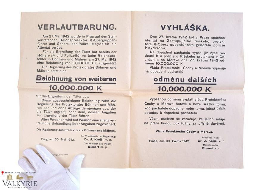 Announcement Poster to Find Assassins of Heydrich in Prague in 1942! Operation Anthropoid! (1 of 8)