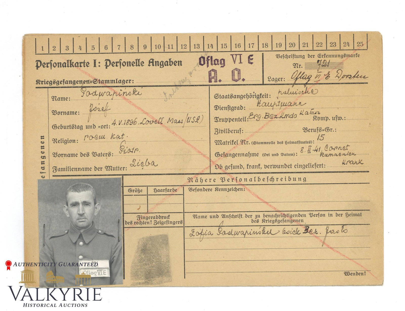 POW Personal card of the prisoner of Oflag VIE 1941 Dossel: A very rare document in perfect condition with a photograph and fingerprints of a Polish prisoner of war Podwalinski Jozef, who was sent to the Oflag VIE Dorsten camp in 1941, later transferred to Sta