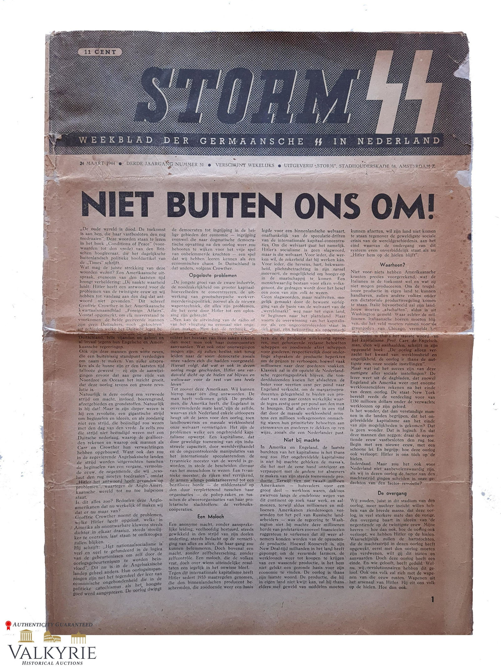 Nazi Dutch Newspaper - STORM SS - 1941 (51): Newspaper STORM SS - Blad der Nederlandsche SS for Dutch.24 Maart 1944, Nummer 51.Frame dimensions: 33,5x47 cm.12 pages**** Important**** Shipping from our office in Europe.
