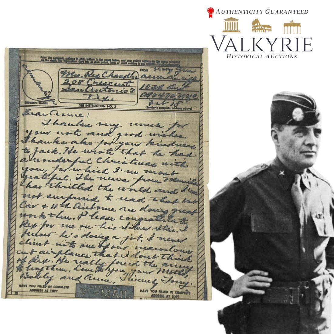 Anthony McAuliffe V-Mail to Wife of Rex Chandler - Silver Star Congratulations (1 of 1)