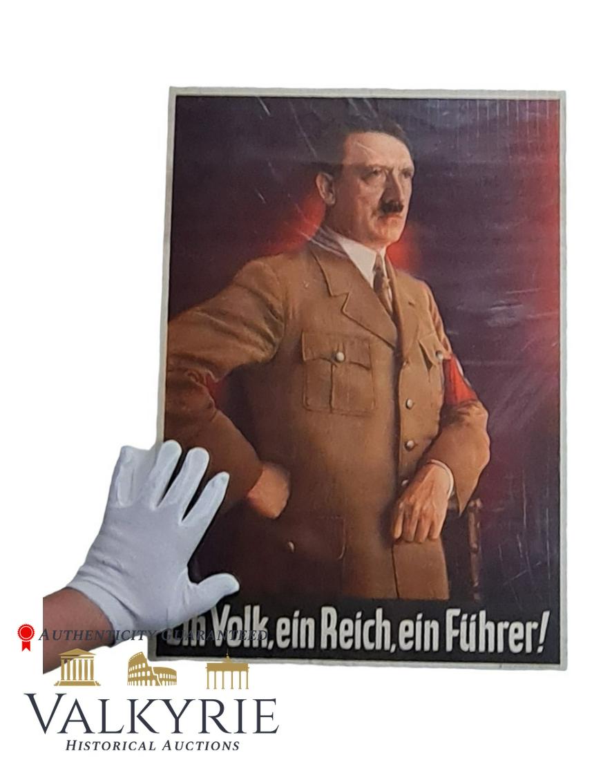 Famous III Reich Period Poster of Adolf Hitler With the Nazi Motto "Ein Volk, Ein Reich, Ein Fuhrer": Famous III Reich Period Poster of Adolf Hitler With the Nazi Motto "Ein Volk, Ein Reich, Ein Fuhrer". Manufactured by "Carl Werner, Reichenbach i.V.". Poster size : 42cm x 60cm. Good condition. **** I