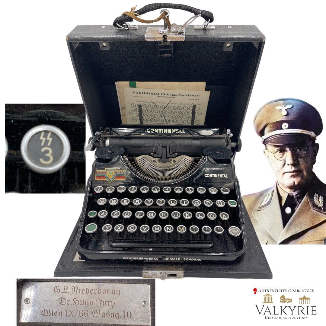 SS Typewriter with Oriignal Case Belonging to Gauleiter Hugo Jury: The personal cased office typewriter of Gauleiter Hugo Jury (13 July 1887 - 8 May 1945). Jury was an Austrian N@zi and held the offices of Gauleiter of Reichsgau Niederdonau and Reichsstatthalter (Rei