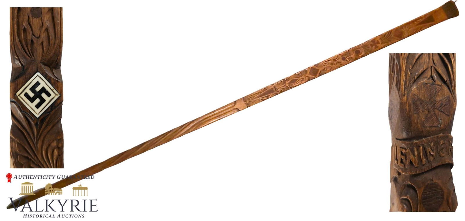 3 Reich - Eastern Front - Beautifully Carved Memorial - Leningrad: Memorial - Leningrad - Eastern FrontBeautifully carved and inlay.The name Leningrad is engraved.Inserts made of bones with an engraved swastika.Dimensions: length 102.5 cm, dimensions below the knob 2