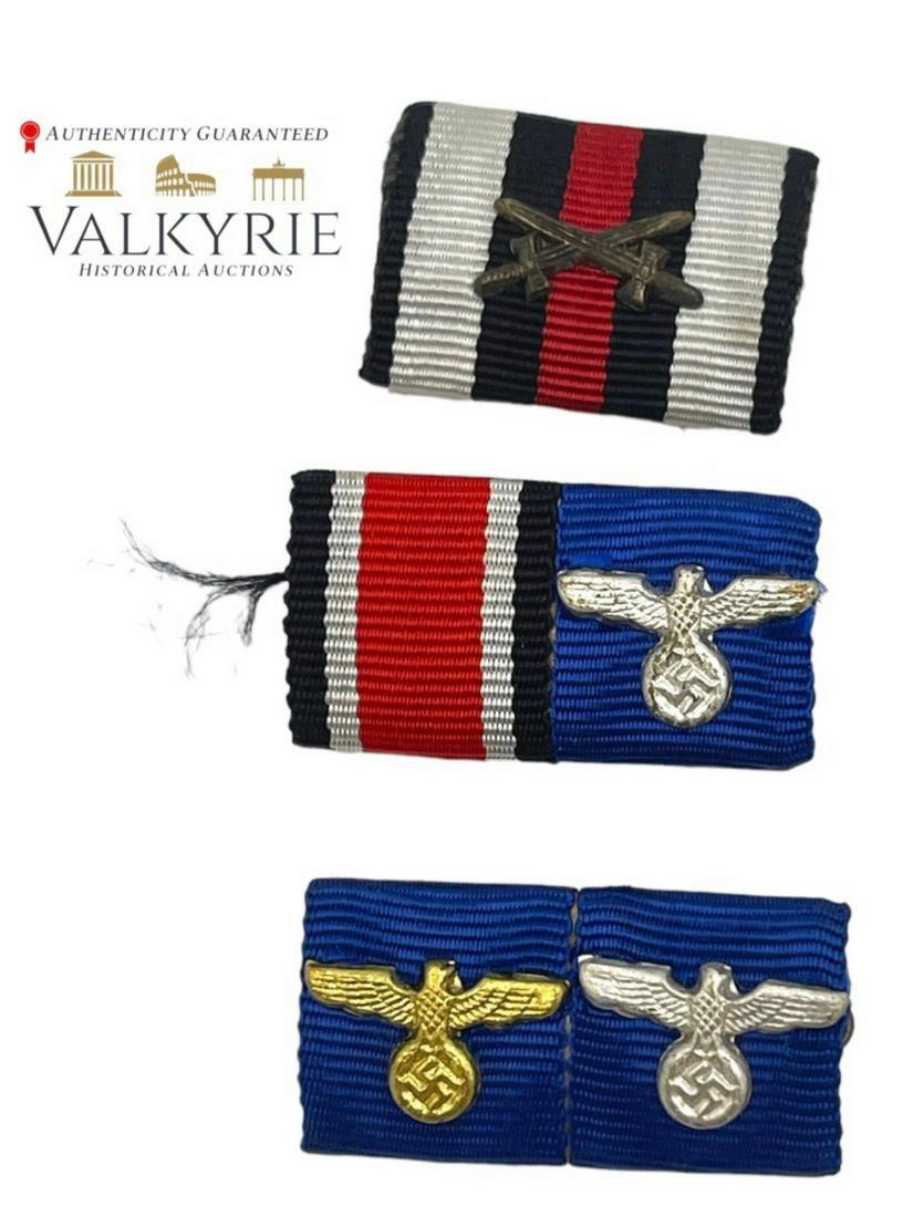 Nazi German Single / Two Place Ribbon Bar (Set of 3): German IRON CROSS 2nd Class Ribbon Bar. 1939 Iron Cross 2nd Class , The two place ribbon bar consists of a 1939 War Merit Cross 2nd Class With Swords, and The Wehrmacht 4 year long service medal with 