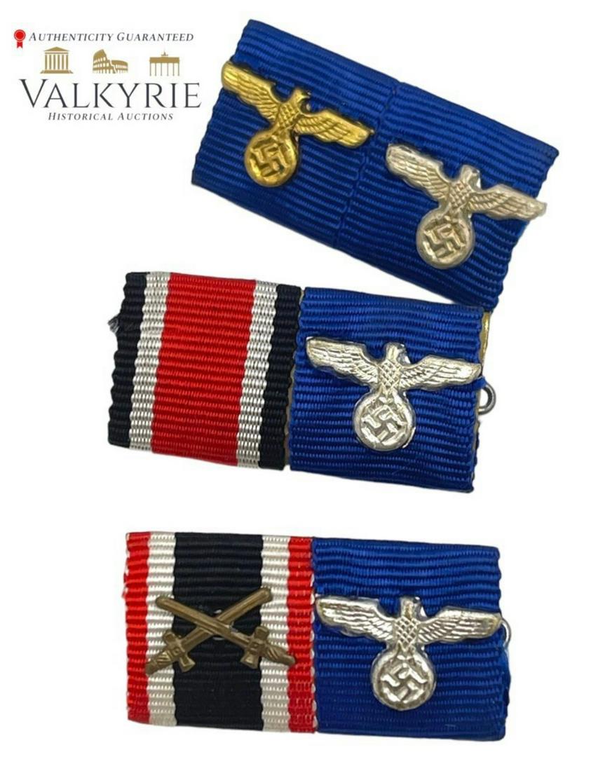 Nazi German Two Place Ribbon Bar (Set of 3): German IRON CROSS The two place ribbon bar consists of a 1939 War Merit Cross 2nd Class With Swords, and The Wehrmacht 4 year long service medal with silver eagle cipher. . Complete with original pinb