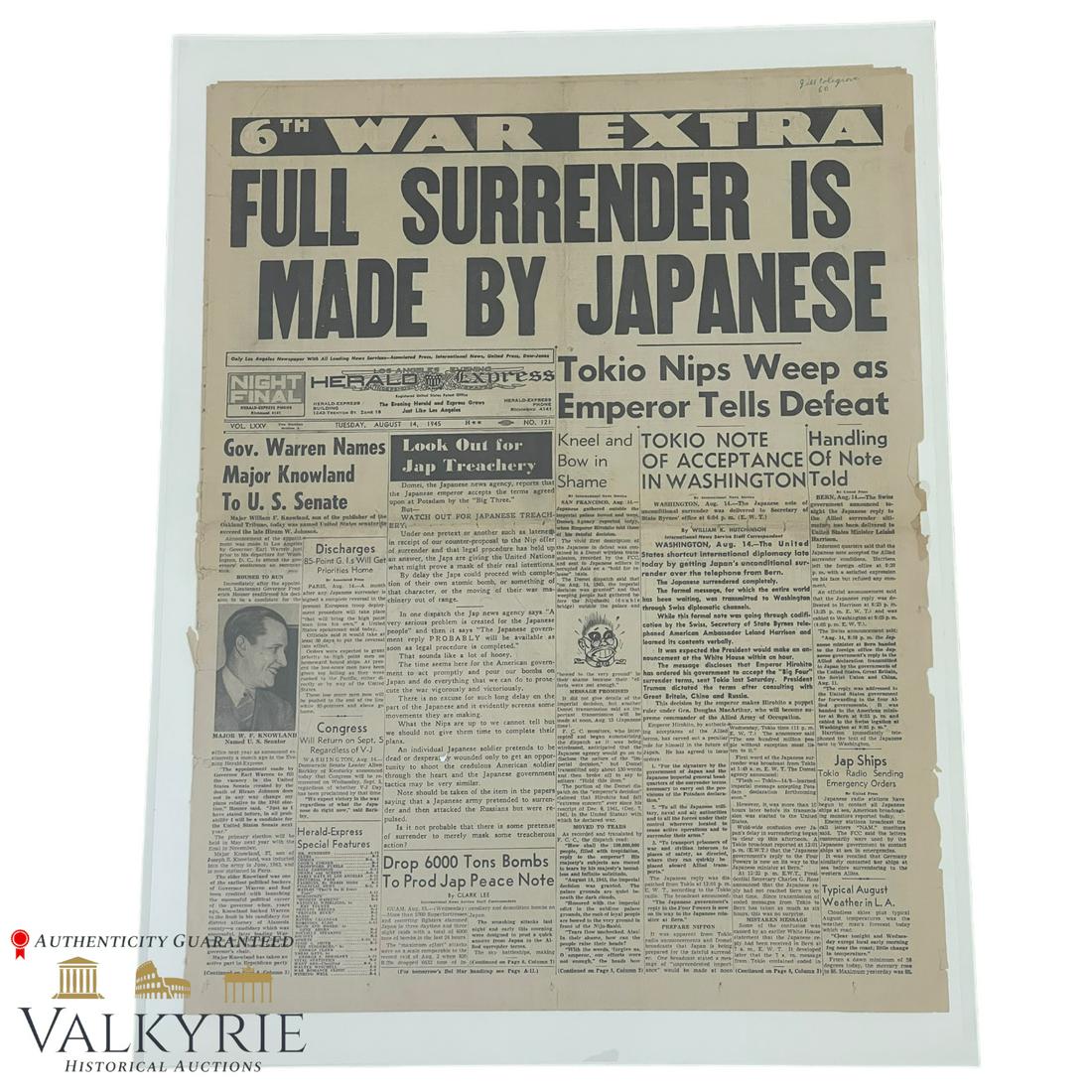 Full Surrender is Made by Japanese - Sixth War Extra newspaper, Los Angeles Evening Herald Express -: Full Surrender is Made by Japanese - Sixth War Extra newspaper, Los Angeles Evening Herald Express - August 14, 1945