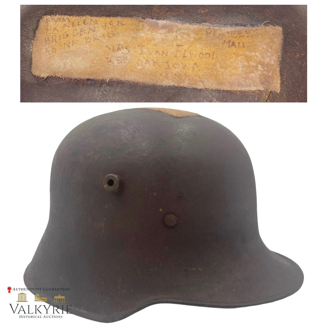 German M18 WWI Helmet - Veteran Bringback by US General Hubert Allison Allen: German M18 WWI Helmet - Veteran Bringback by a US General named Hubert Allison Allen. The original tape with his address back home along with mailing stamps is still stuck to the helmet!