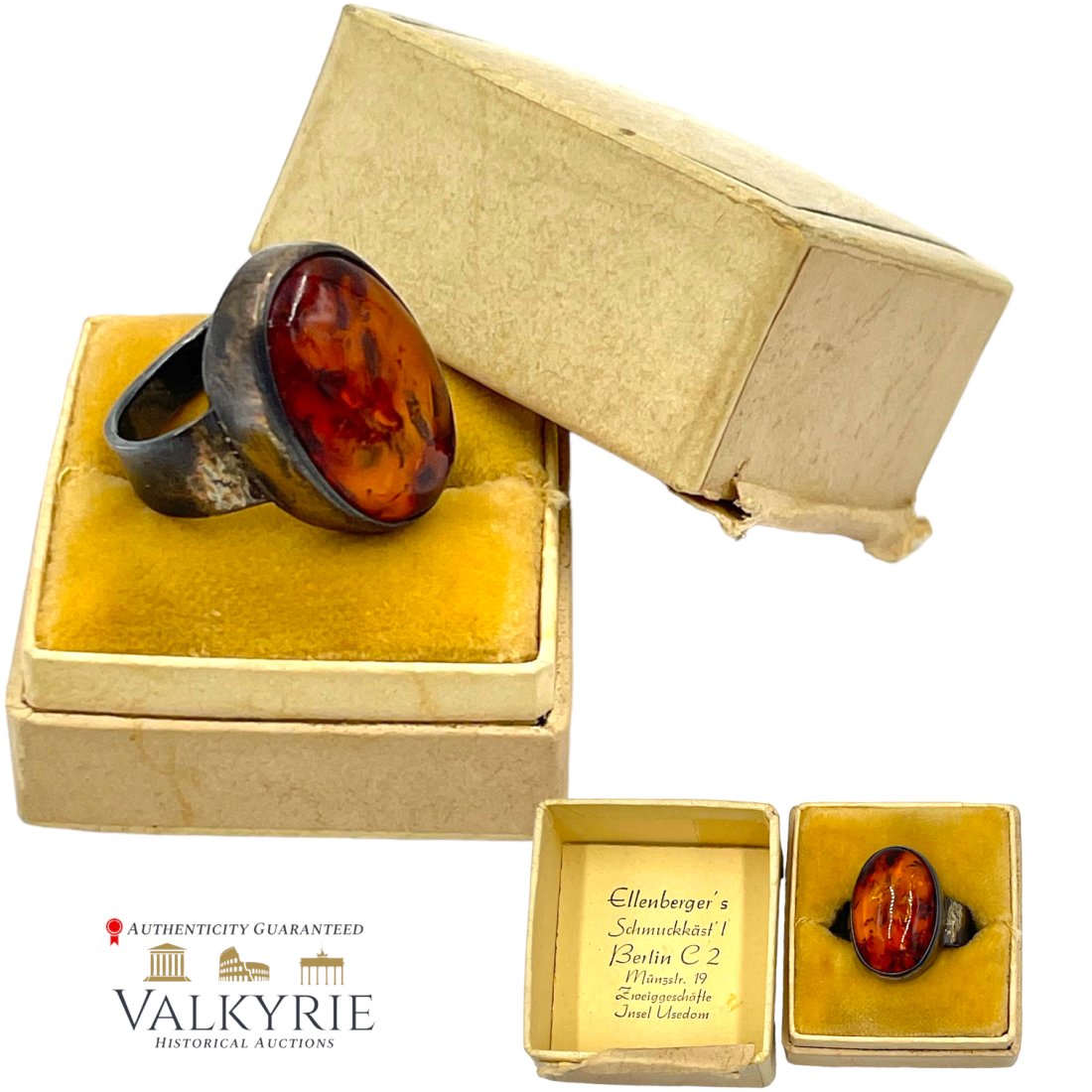 Third Reich Era Amber Bernstein Silver Ring with Case: Third Reich Era Amber Bernstein Silver Ring with Case