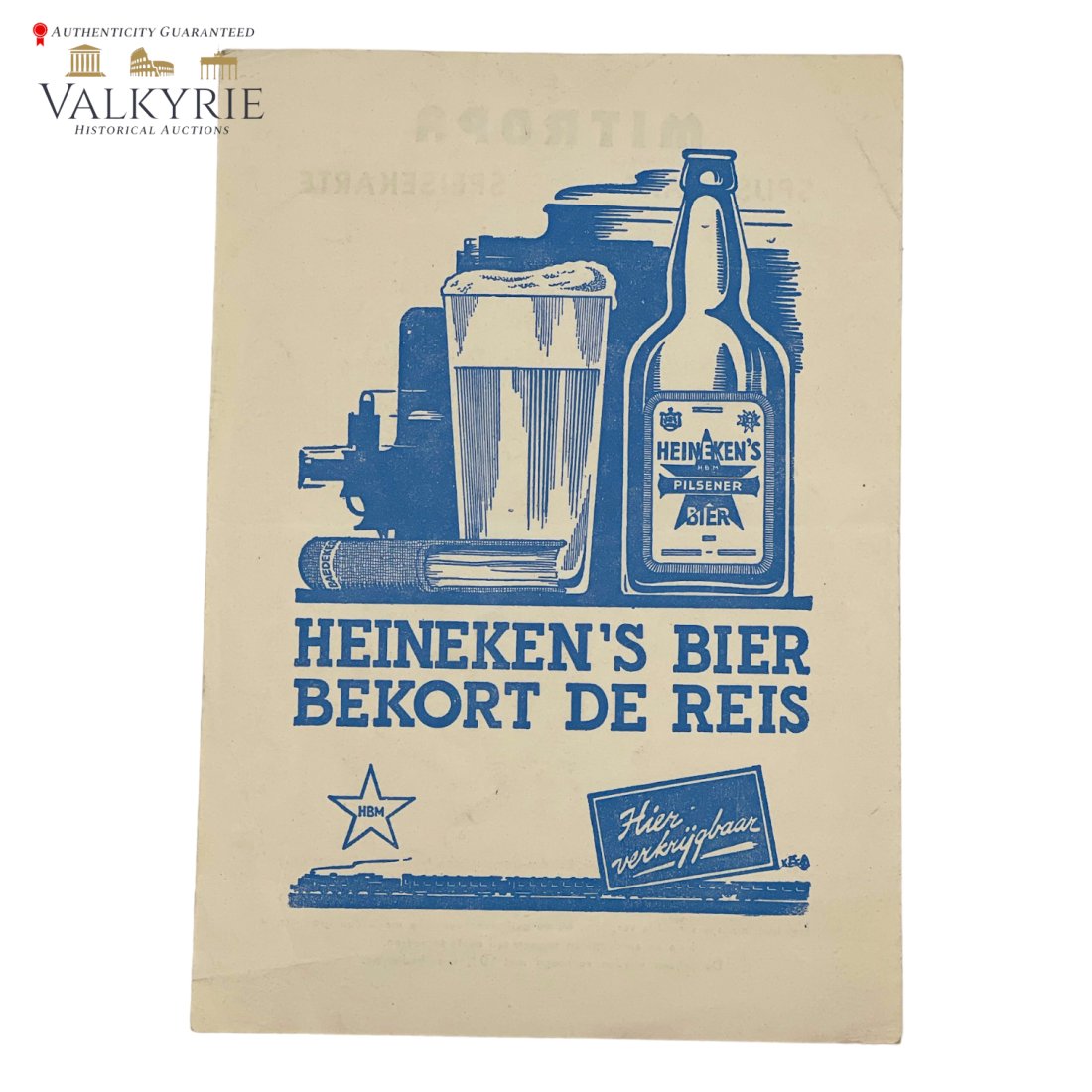 Original WWII German Heineken Beer Menu for Dutch Train: Original WWII German Heineken Beer Menu for Dutch Train