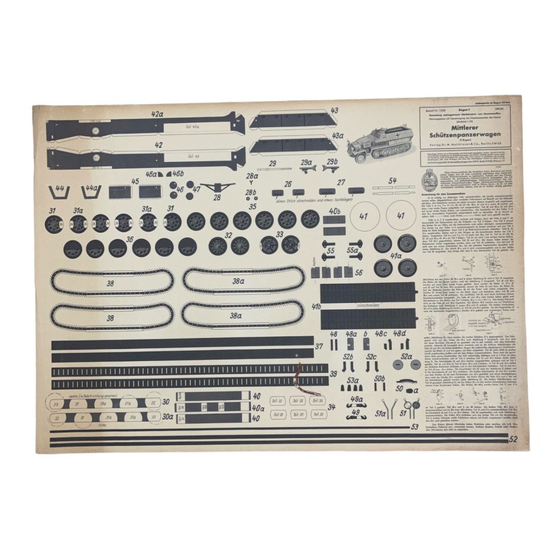 Original German WWII Tank Cut-Out Model (1 Sheet): Rare original cut-out models of the German armored personnel carrier, the Schutzenpanzerwagen Sd.Kfz 251.. These so called Ã¢€ËœModellbaubÃƒÂ¶gen des OKWÃ¢€â„¢ were made by Dr.