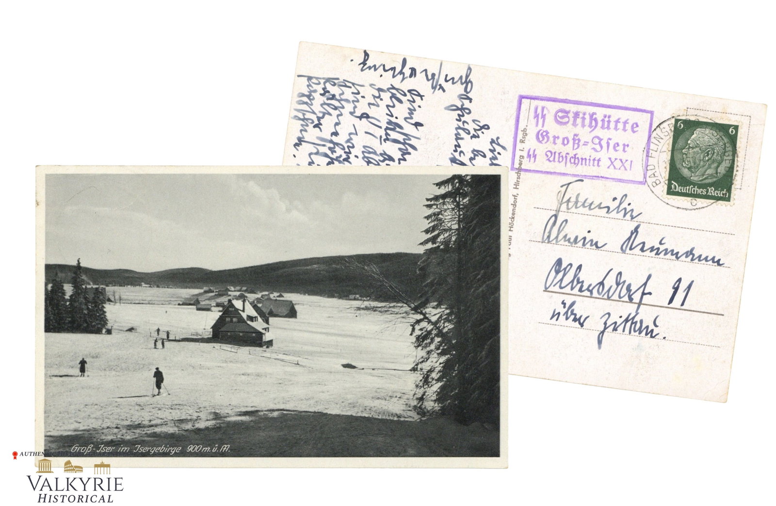 Postcard Sent by SS Soldier From SS Ski-Barraks in 1937: Postcard Sent by SS Soldier From SS Ski-Barraks in 1937. With a Picture of the Snowed Landscape in Germany. With ink stamp of the SS Ski-Huette. Circulated and fully written on the reverse. Shipping f