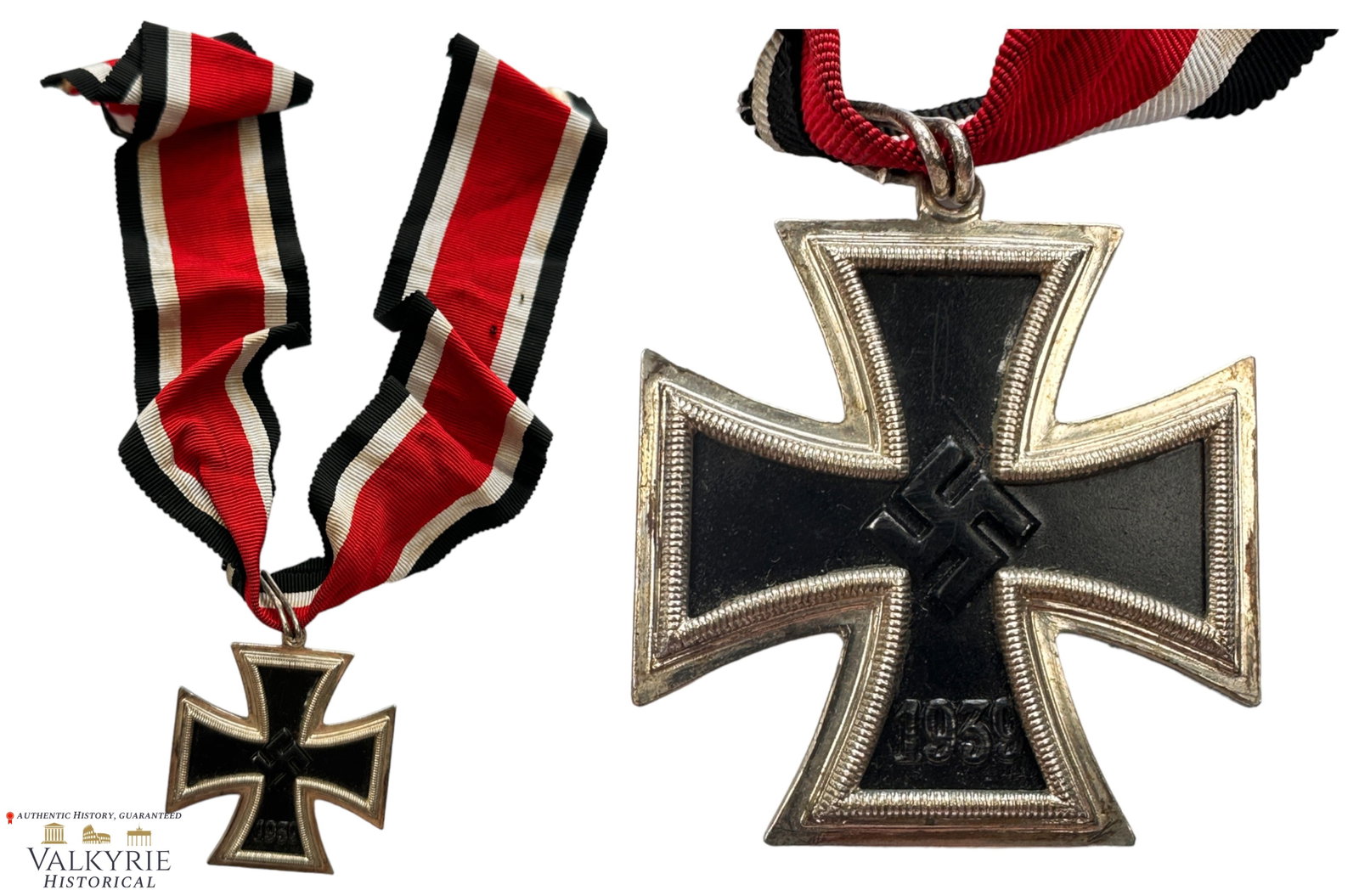 German Knight's Cross of the Iron Cross With Ribbon - Post-war Production of the 50s High Quality: German Knight's Cross of the Iron Cross With Ribbon produced during th 50s for WW2 veterans with a very high quality using original dies. Excellent condition with all the paint in the iron core. Made 