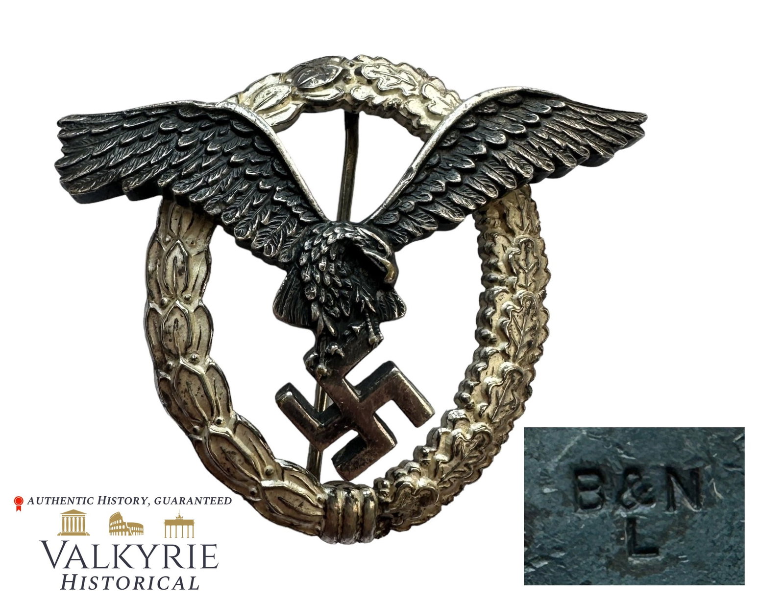 Early Model of Luftwaffe Pilots Badge - Maker Marked B&NL: Early Model of Luftwaffe Pilots Badge - Maker Marked B&NL. Made from tombak in pieces. Hinge and needle working perfectly. Pre-war period. Beatifully detailed eagle and wreath. It retains almost all t
