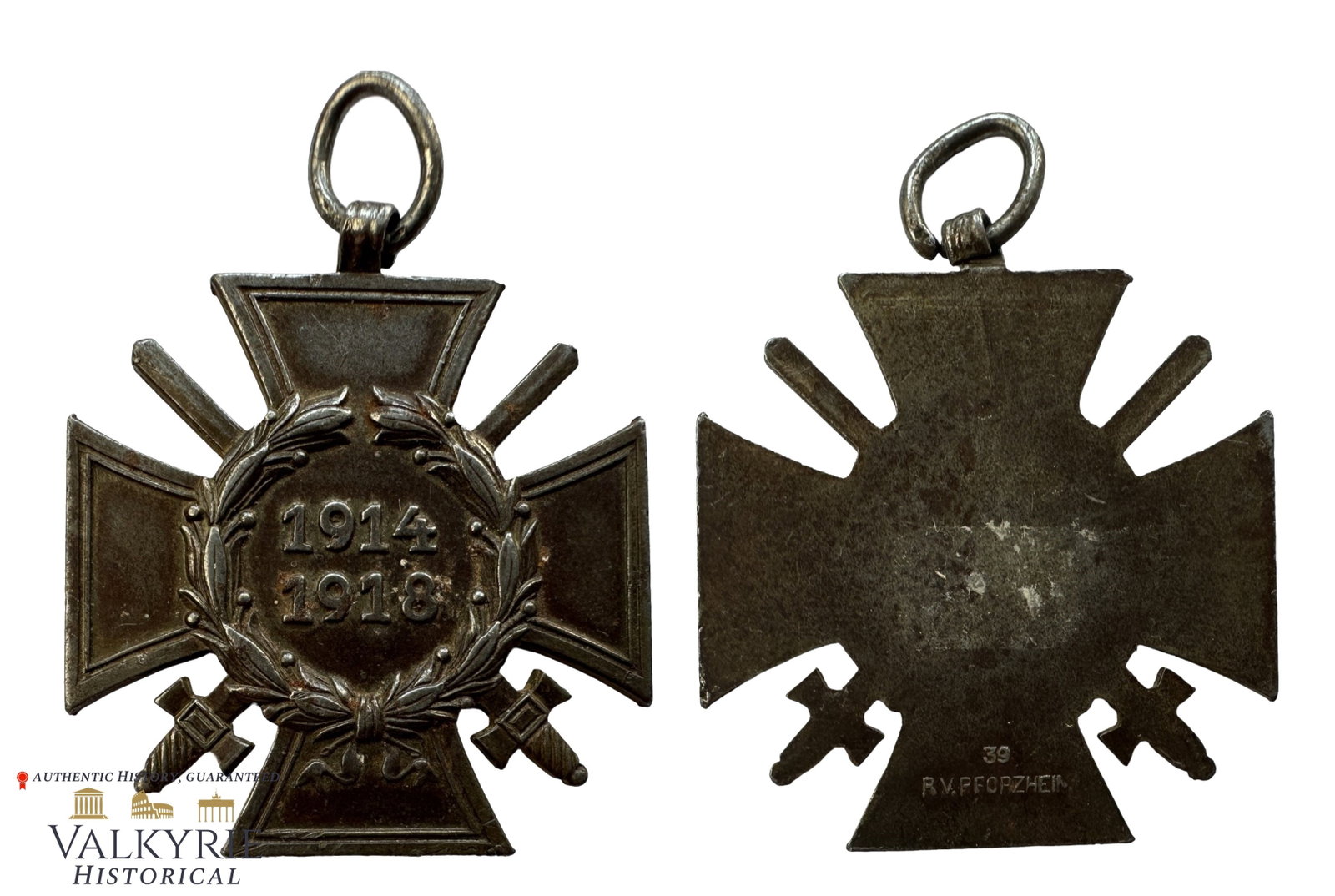 1914-1918 Hindenburg Cross With Swords for Combatants Without Ribbon: 1914-1918 Hindenburg Cross With Swords for Combatants Without Ribbon. Maker marked "39 R. V. Pforzheim" on the reverse. Shipping from our office in Europe.