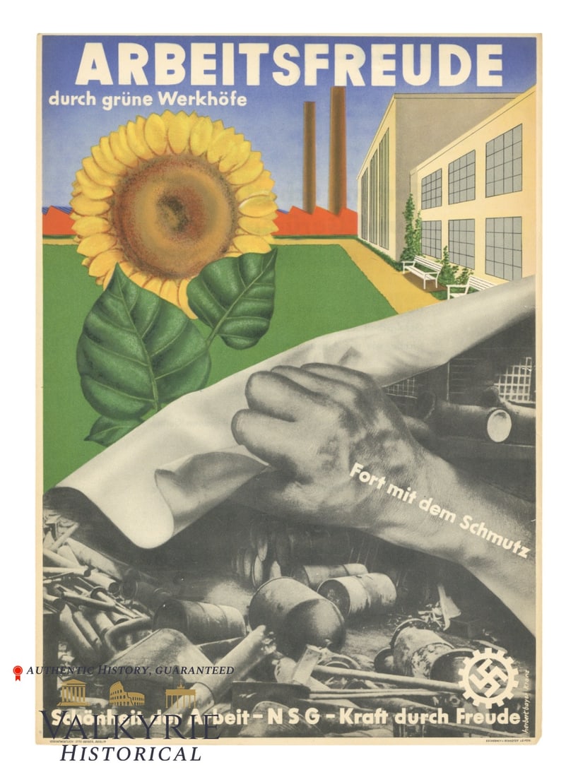 DAF German Labour Front Program Poster "Joy of Work" About Eco Policies in Workshops: DAF German Labour Front Program Poster "Joy of Work" About Eco Policies in Workshops. "Joy of Work thaks to green workshops" in opposition to a polluted and dirty envirnoment for work. All in favour o