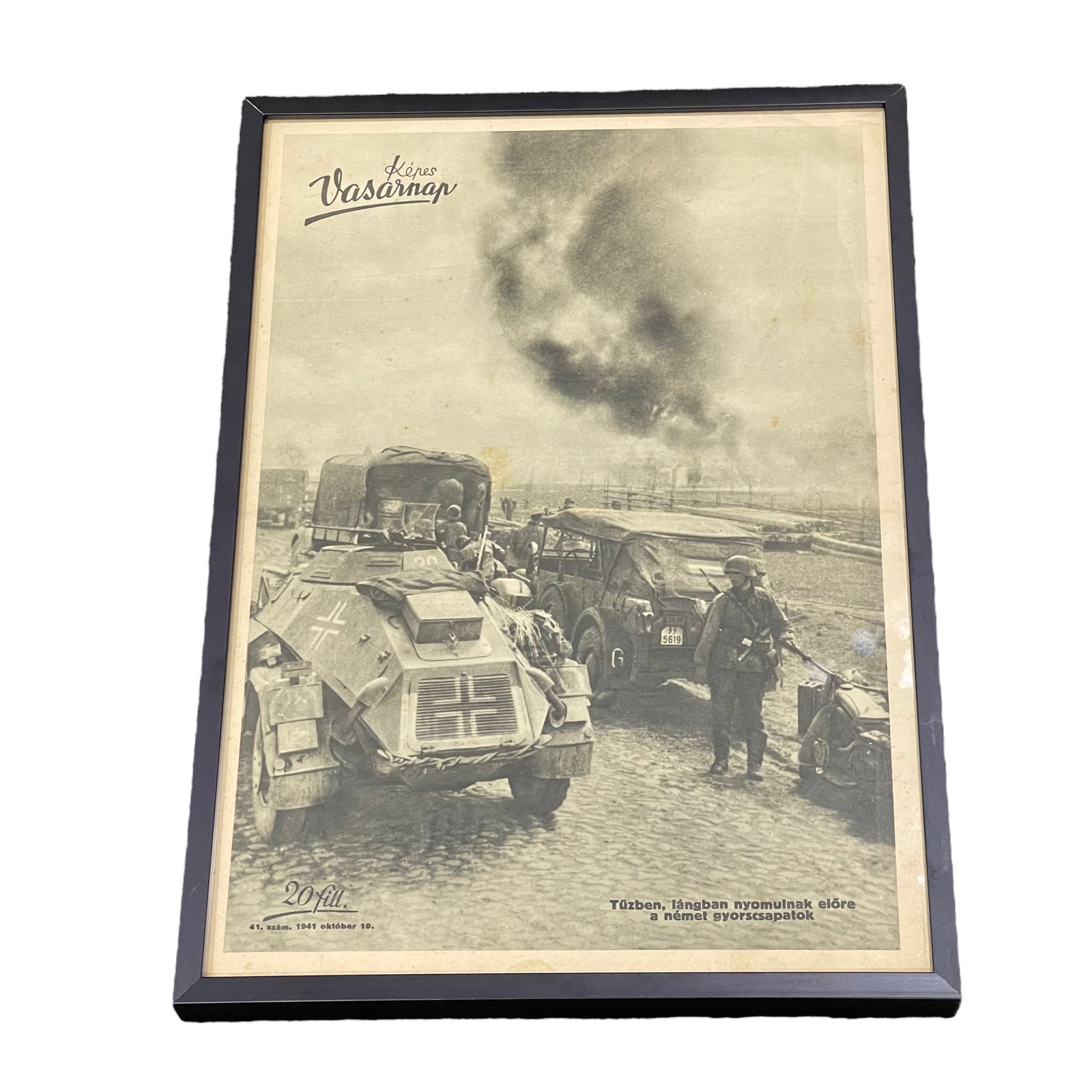 WWII KEPES VASARNAP HUNGARY ARMY MAGAZINE in Frame: WWII KEPES VASARNAP HUNGARY ARMY MAGAZINE in frame