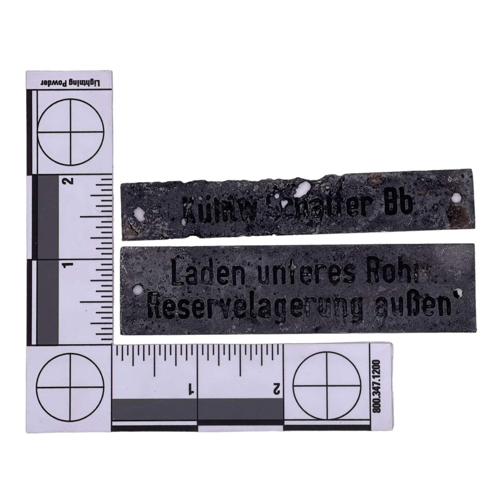 Kriegsmarine U-Boot U-Boat Nameplates (Set of 2): U-boat nameplates. Nameplates from Uboot, unheard of in the collector's trade. Each equipment on the ship had its own plate with a description of the device, chest, tools, engine compartments, torpedo