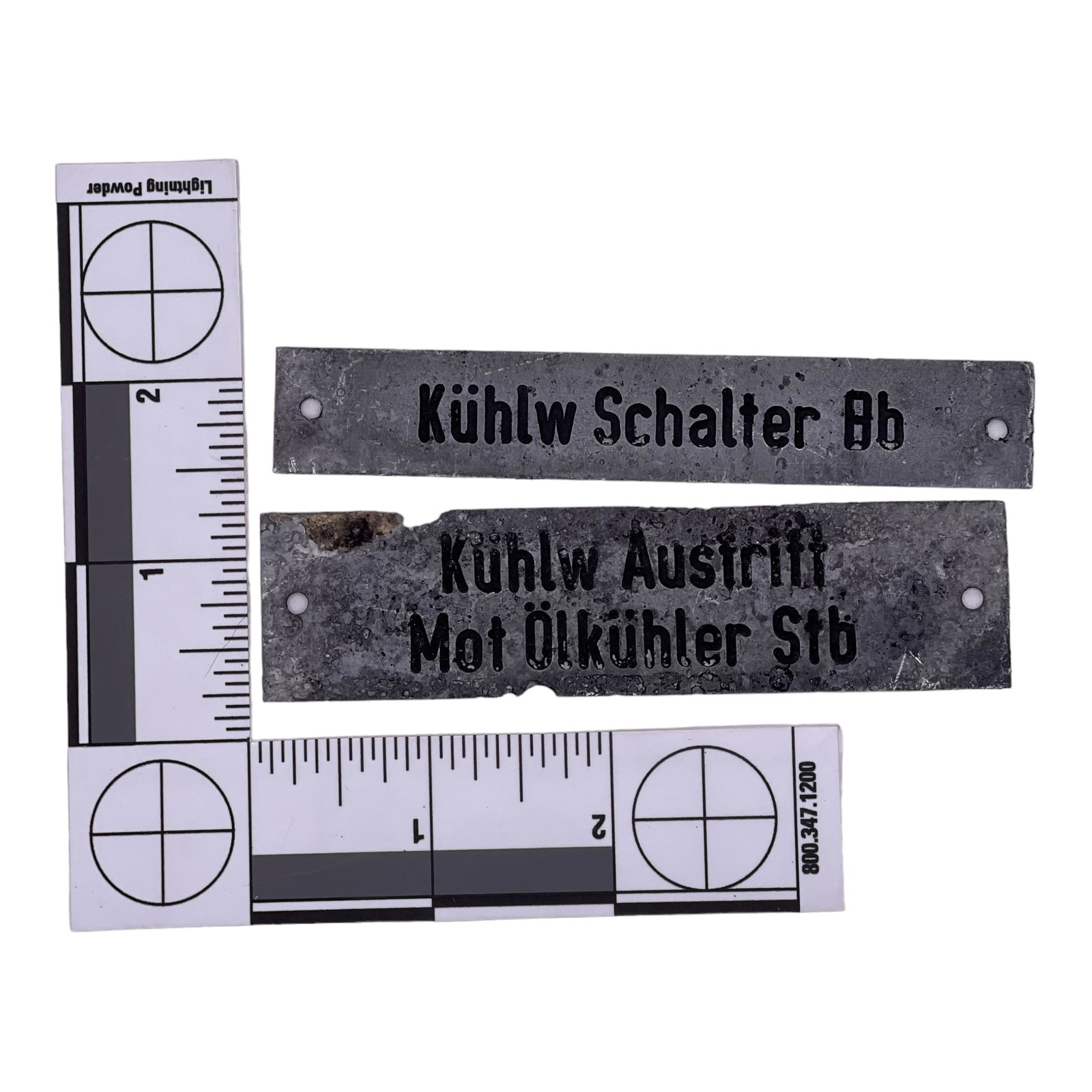 Kriegsmarine U-Boot U-Boat Nameplates (Set of 2): U-boat nameplates. Nameplates from Uboot, unheard of in the collector's trade. Each equipment on the ship had its own plate with a description of the device, chest, tools, engine compartments, torpedo