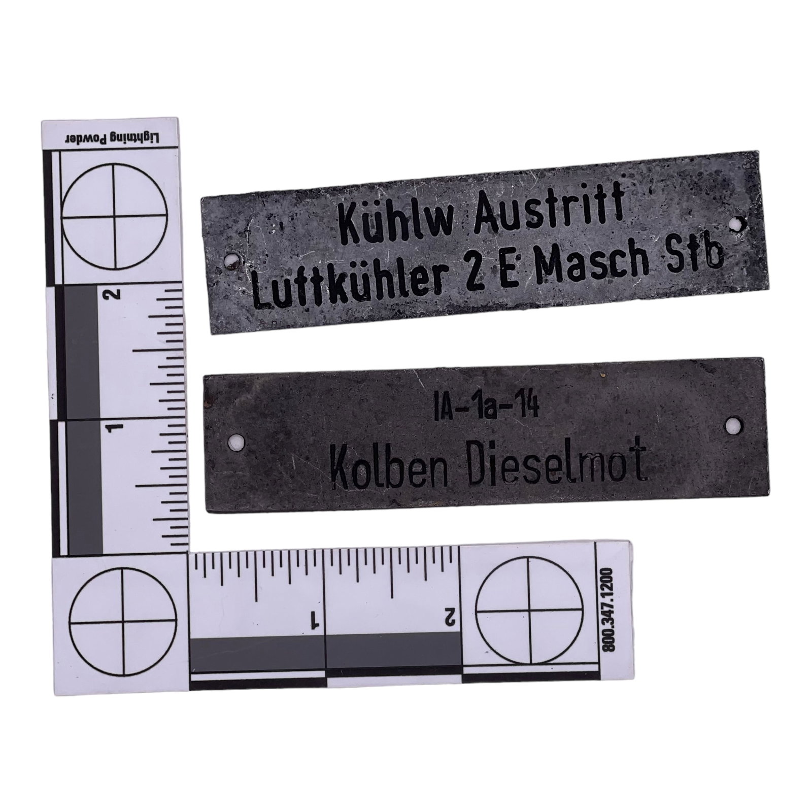 Kriegsmarine U-Boot U-Boat Nameplates (Set of 2): U-boat nameplates. Nameplates from Uboot, unheard of in the collector's trade. Each equipment on the ship had its own plate with a description of the device, chest, tools, engine compartments, torpedo