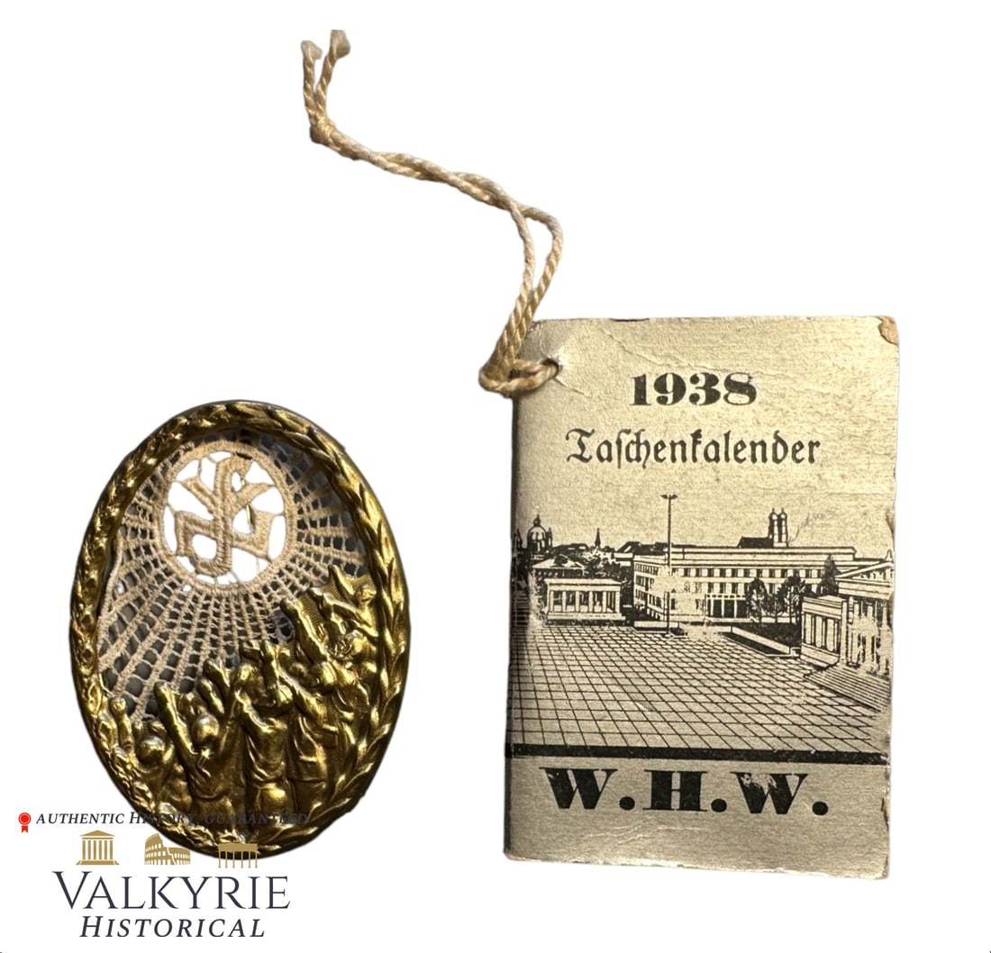 2 WHW NSV Donation Badge and Mini-Book "WHW 1938 Pocket Calendar": 2 WHW NSV Donation Badge and Mini-Book "WHW 1938 Pocket Calendar". Badge is made from metal and embroidery. Shipping from our office in Europe.