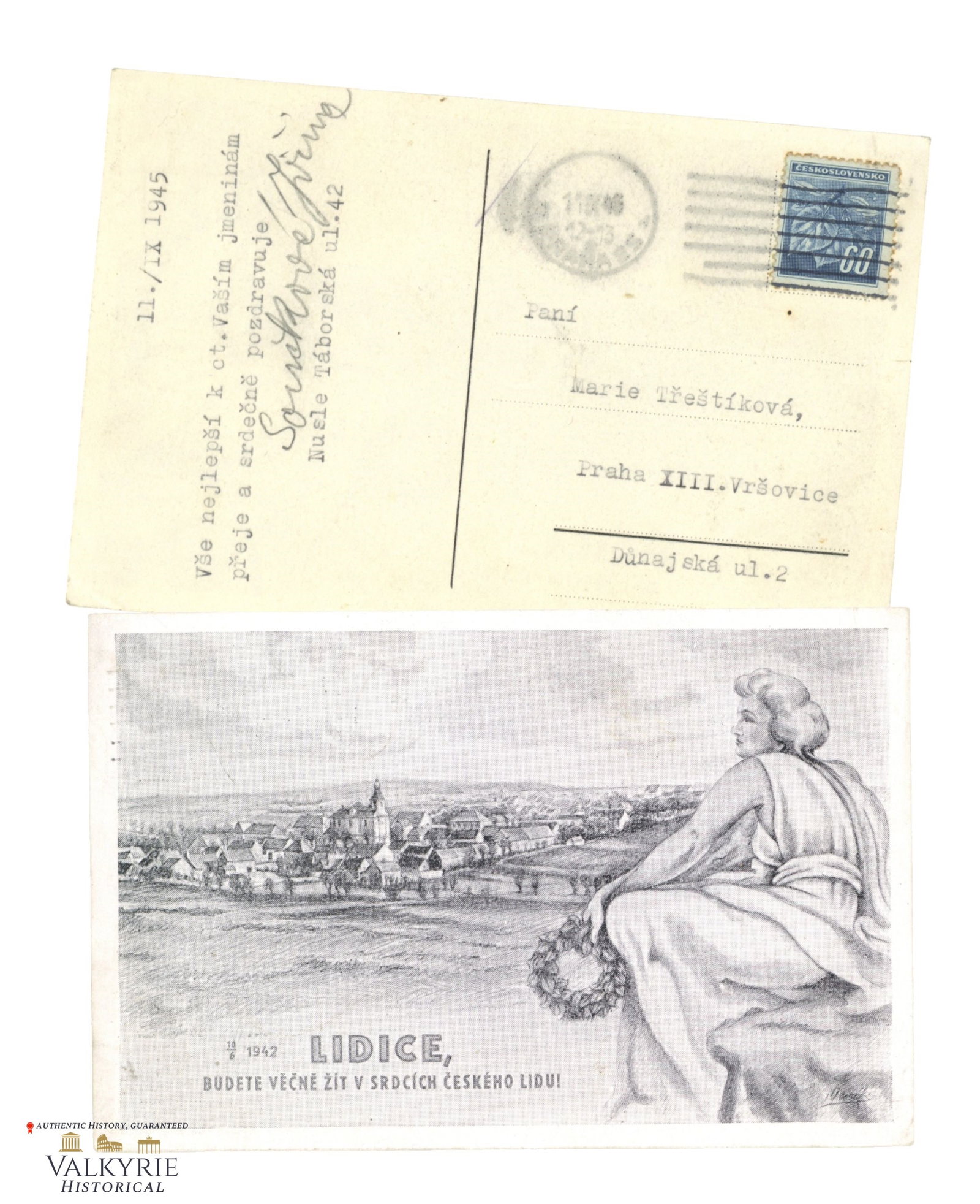Immediate Postwar Postcard Commemorating the Destruction of the Czech City of Lidice 1945: Immediate Postwar Postcard Commemorating the Destruction of the Czech City of Lidice 1945. This city was completely destroyed by the Nazis as a reprisal for the assassination of the Nazi leader Reinha