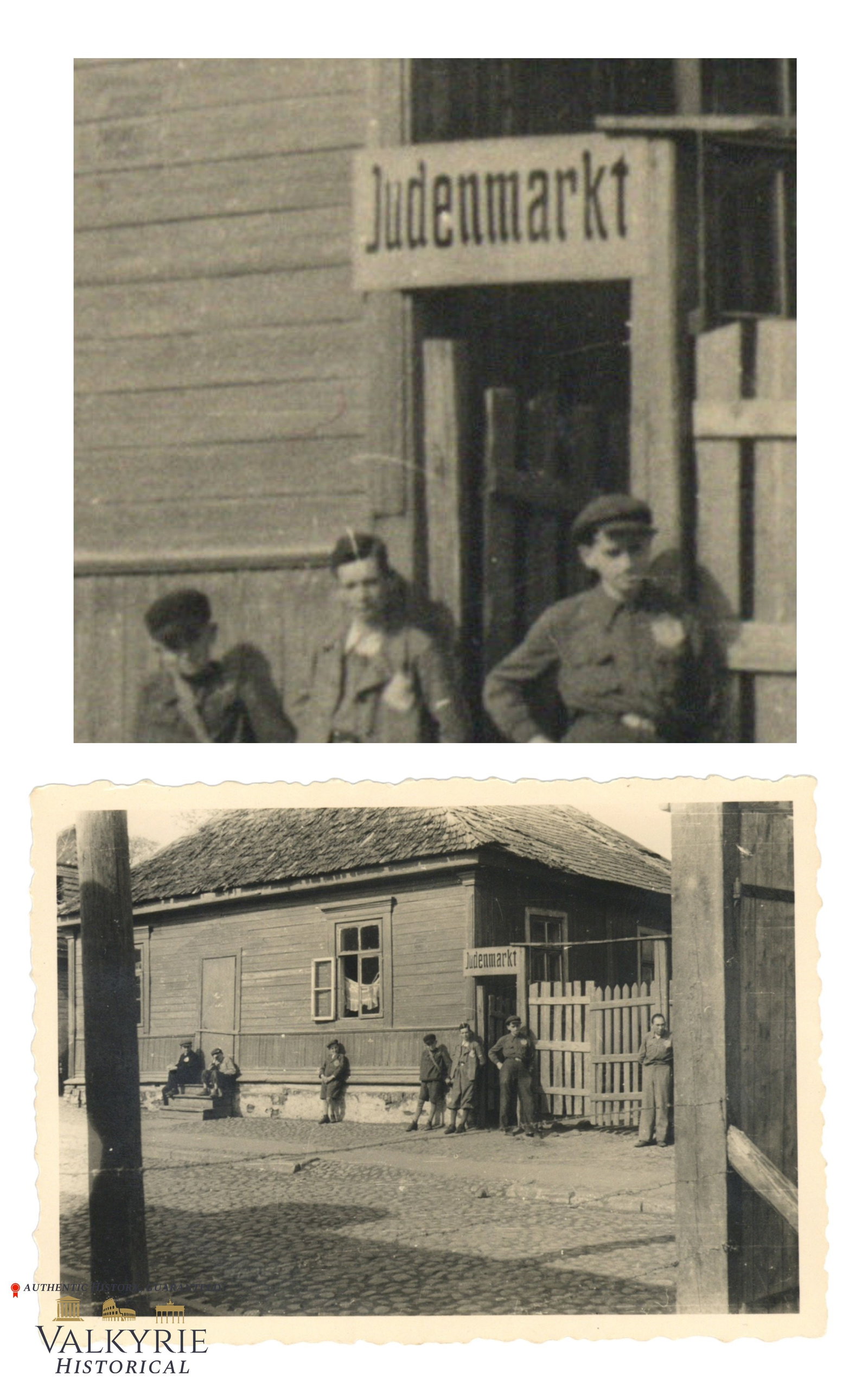 Photo Taken in an Unknown Jewish Ghetto in Poland Where We See the Sign "Jewish Market": Photo Taken in an Unknown Jewish Ghetto in Poland Where We See the Sign "Jewish Market". We can see also some Jewish boys wearing identification patches on their items of clothing. Size: 10x7cm Shippi