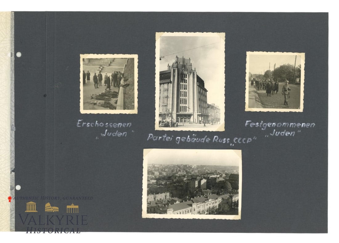Very Rare Photo Album Sheet With Photos of Executed and Arrested Jews Somewhere in the East: Very Rare Photo Album Sheet With Photos of Executed and Arrested Jews Somewhere in the East. We see 4 photos: one with some executed Jews and German soldiers by them, another one of the USSR headquart