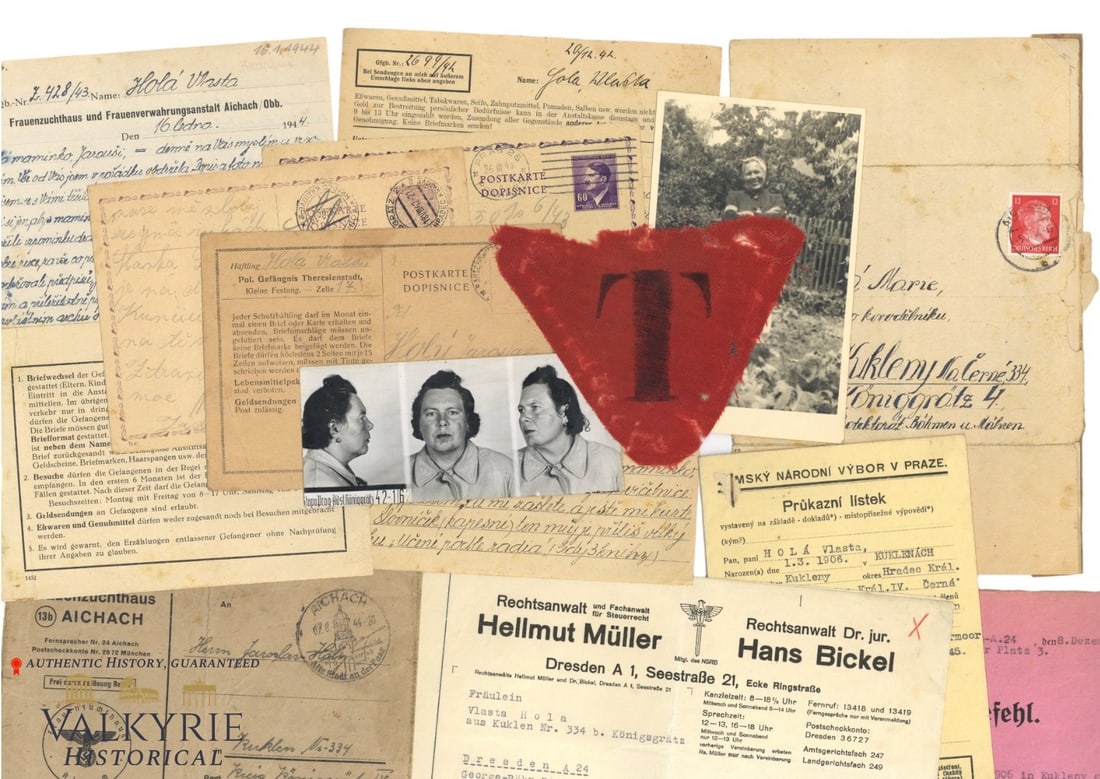Set of Documents of a Czech Female Prisoner in Police Prison in Theresienstadt - Small Fortress: Set of Documents of a Czech Female Prisoner in Police Prison in Theresienstadt - Small Fortress. Set comprises: mug shot of the woman taken by police after being arrested, a photo of herself before im