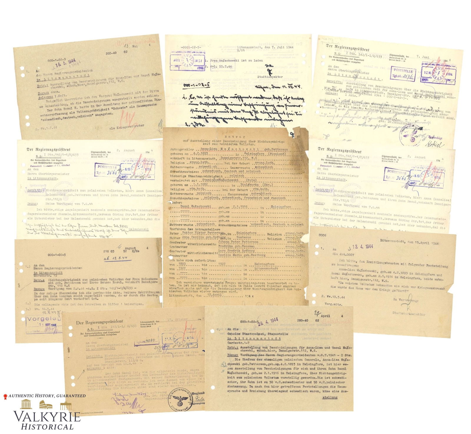 Set of 9 Documents Dated in 1944 About Polish Citizens in Litzmannstadt Regarding Volksliste: Set of 9 Documents and Letters Dated in 1944 About Polish Citizens in Litzmannstadt Regarding Volksliste and other issues. Shipping from our office in Europe.