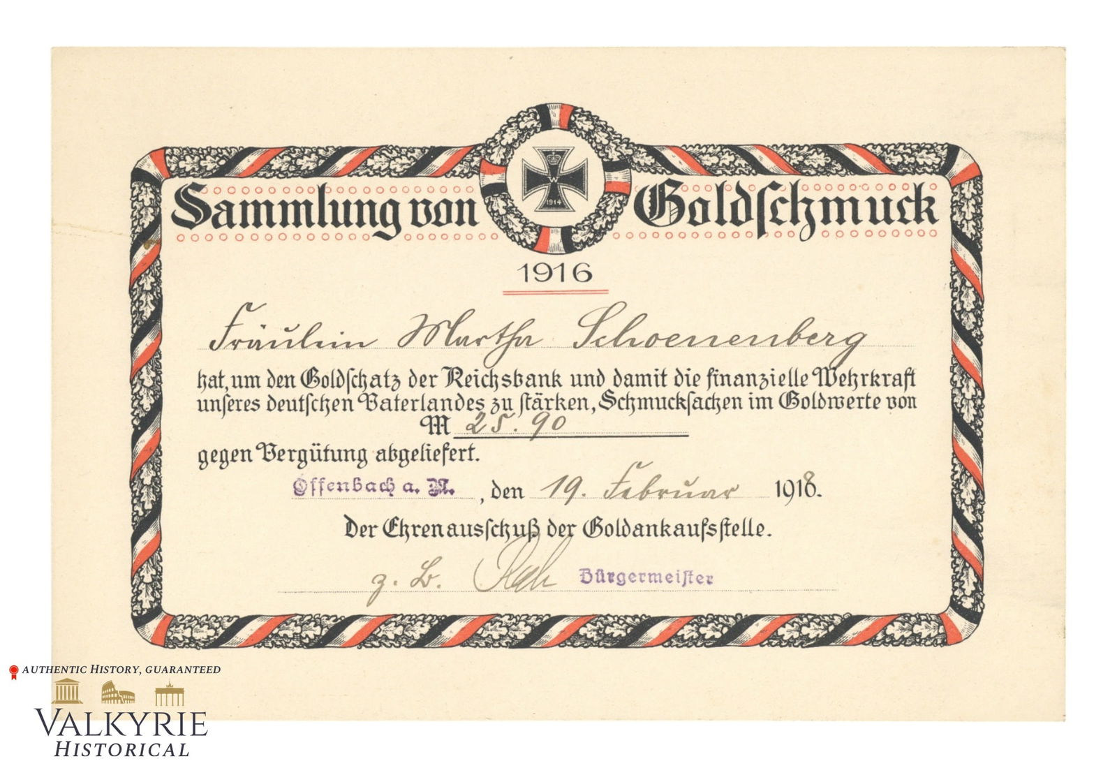 German Gold Donation Recognision Diploma to a Citizen for the WW1 War Effort in 1918: German Gold Donation Recognision Diploma to a Citizen for the WW1 War Effort in 1918. Shipping from our office in Europe.