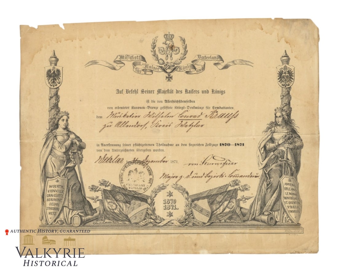 German Recognition Diploma of the Franco-Prussian War 1870-71 Issued to a Man in Allendorf: German Recognition Diploma of the Franco-Prussian War 1870-71 Issued to a Man in Allendorf. Shipping from our office in Europe. Size: 27x21cm