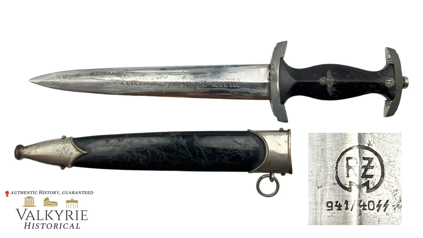 German III Reich Period SS Dagger - Schutzstaffeln - Maker Marked - 1940 Production: German III Reich Period SS Dagger - Schutzstaffeln - Maker Marked 941/40 SS - 1940 Production. Scabbard with original paint but some dents and scratches. Blade in rather good condition with motto "Mei
