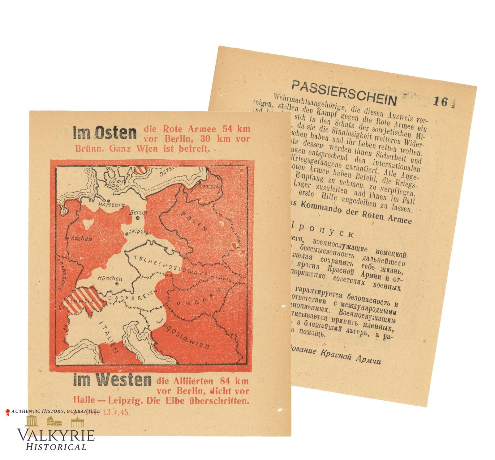 Surrender Pass Leaflet by Red Army Kommando for German Soldiers: Surrender Pass Leaflet printed by Red Army Kommando for German Soldiers in German and Russian, encouraging the Germans to surrender to the Russians and Allies because the defeat was near in the East a