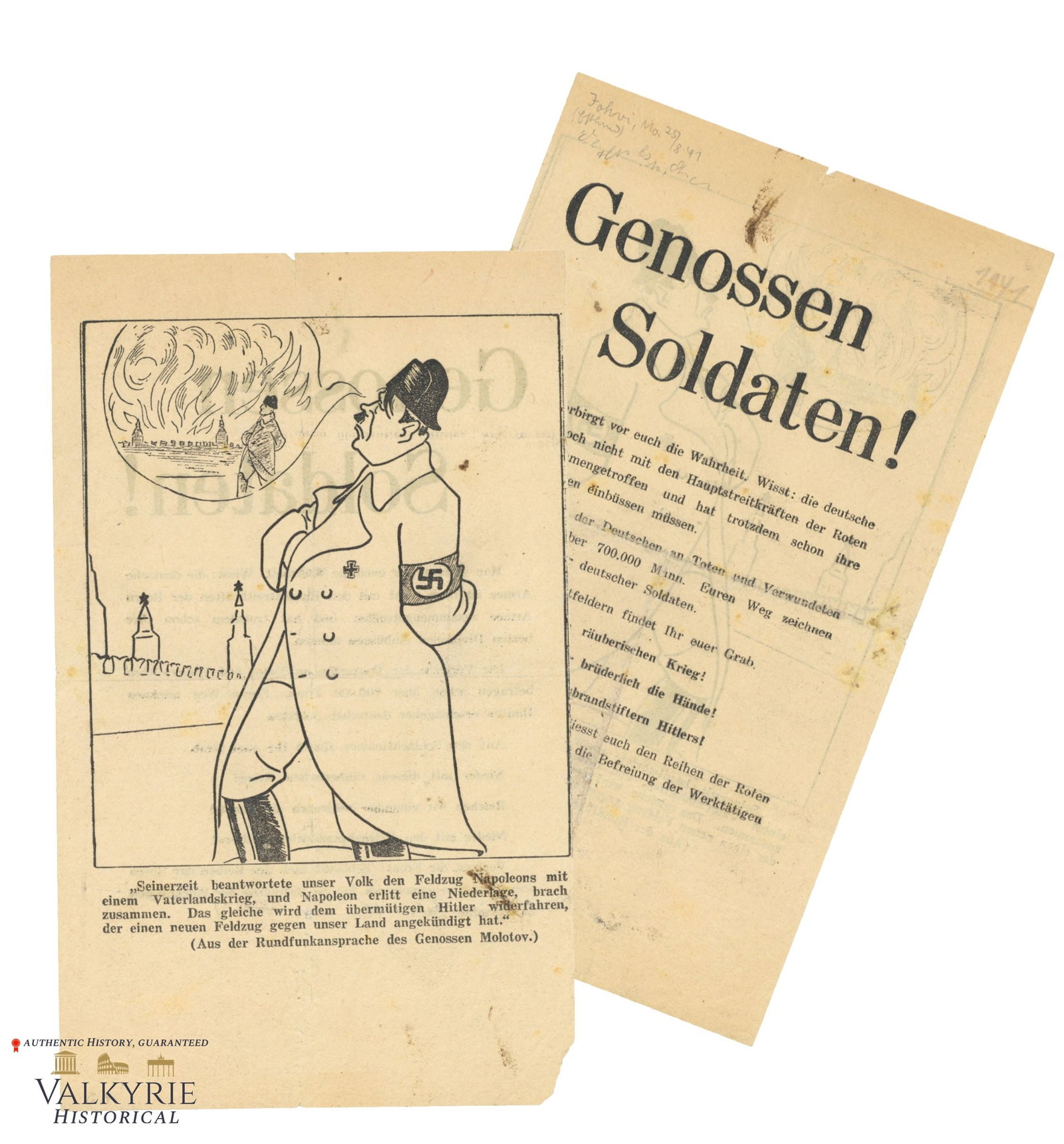 Russian Anti-Hitler War Propaganda Leaflet Comparing Hitler With Napoleon "Comrade Soldiers!": Russian Anti-Hitler War Propaganda Leaflet Comparing Hitler With Napoleon entitled "Comrade Soldiers!". A cartoon radicalizes Hitler comparing him with the French General and Dictator Napoleon telling