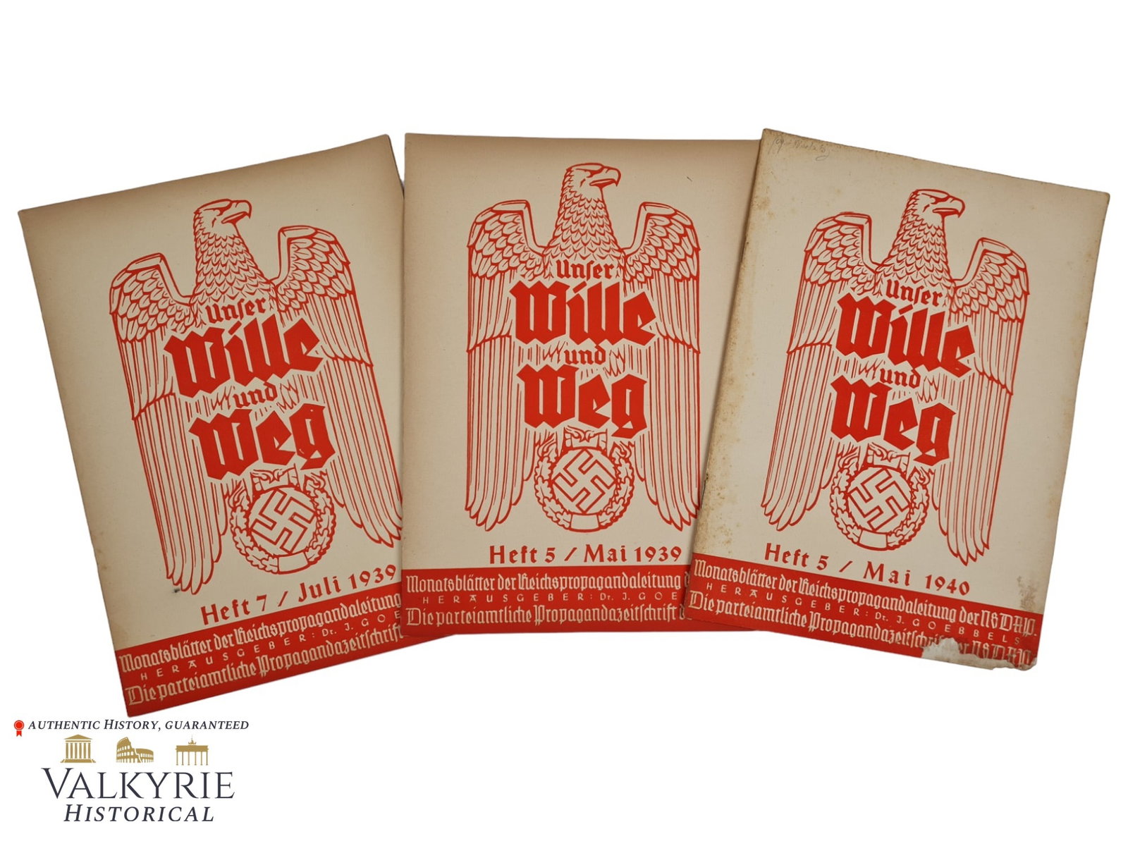 3 Numbers of Official Organ of NSDAP Propaganda Direction "Unser Wille und Weg" 1939/40: 3 Numbers of Official Organ of NSDAP Propaganda Direction "Unser Wille und Weg" 1939/40. Numbers 5 and 7 of 1939 and number 5 of 1940. Photos, articles and reports. Shipping from our office in Europe.