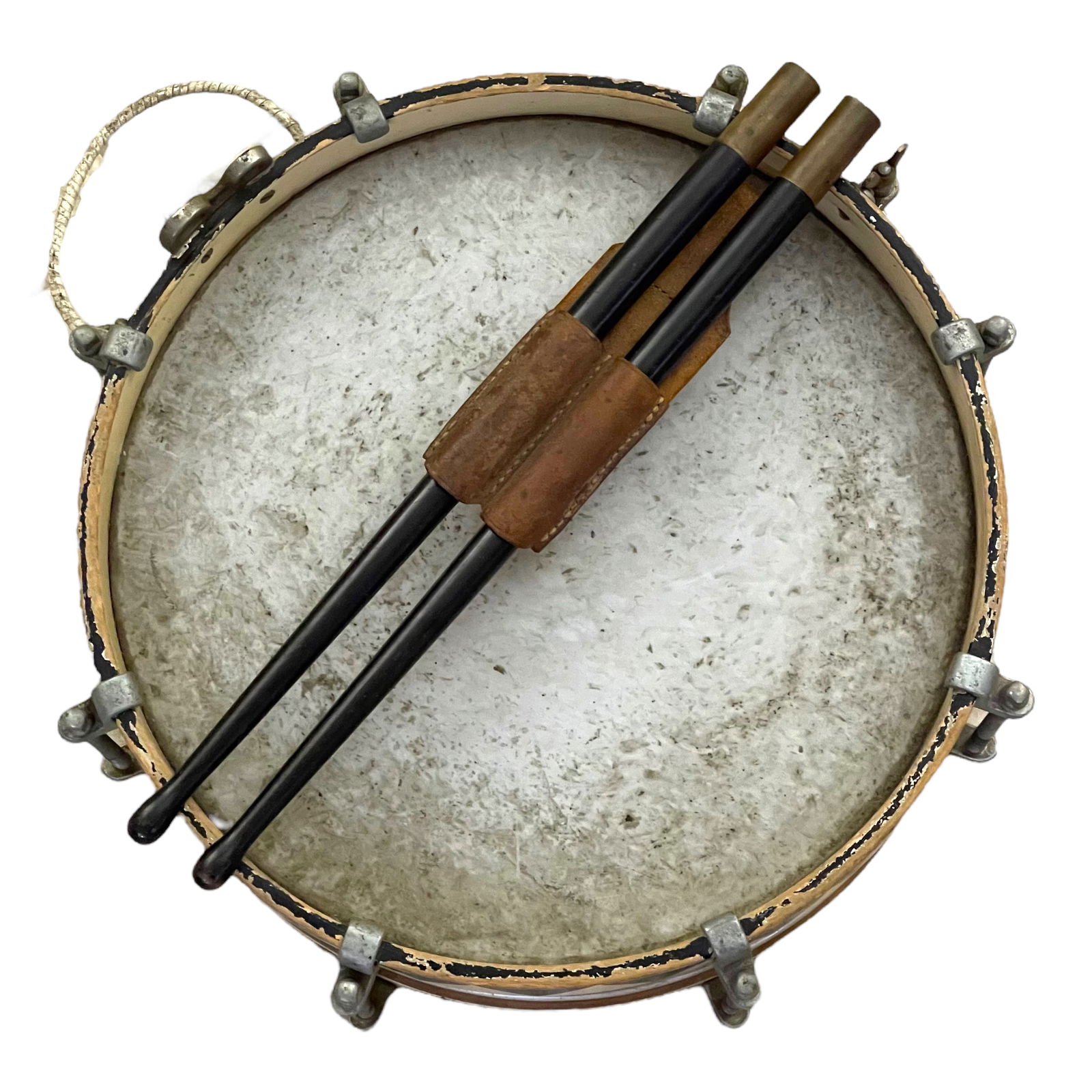 Hitler Youth HJ Jugend Drum with Sticks: Hitler Youth HJ Jugend Drum with Sticks, very nice set. The stick come with the original leather holder. Drum is 14.5 inches.